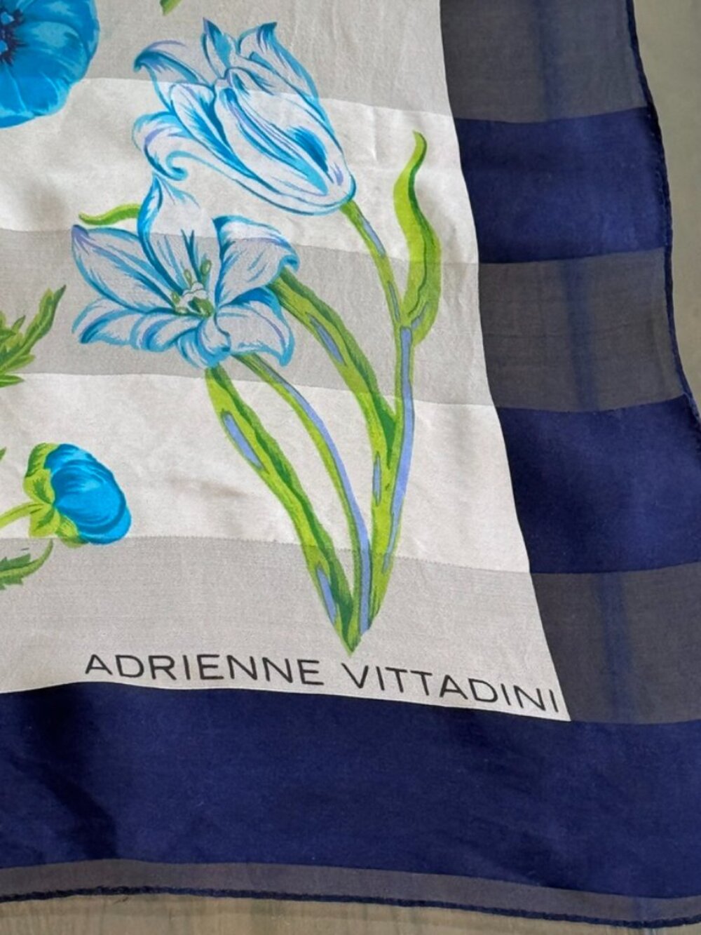 Adrienne Vittadini Vintage Silk Scarf | Floral Botanical Print | Blue & Purple - Picture 6 of 7